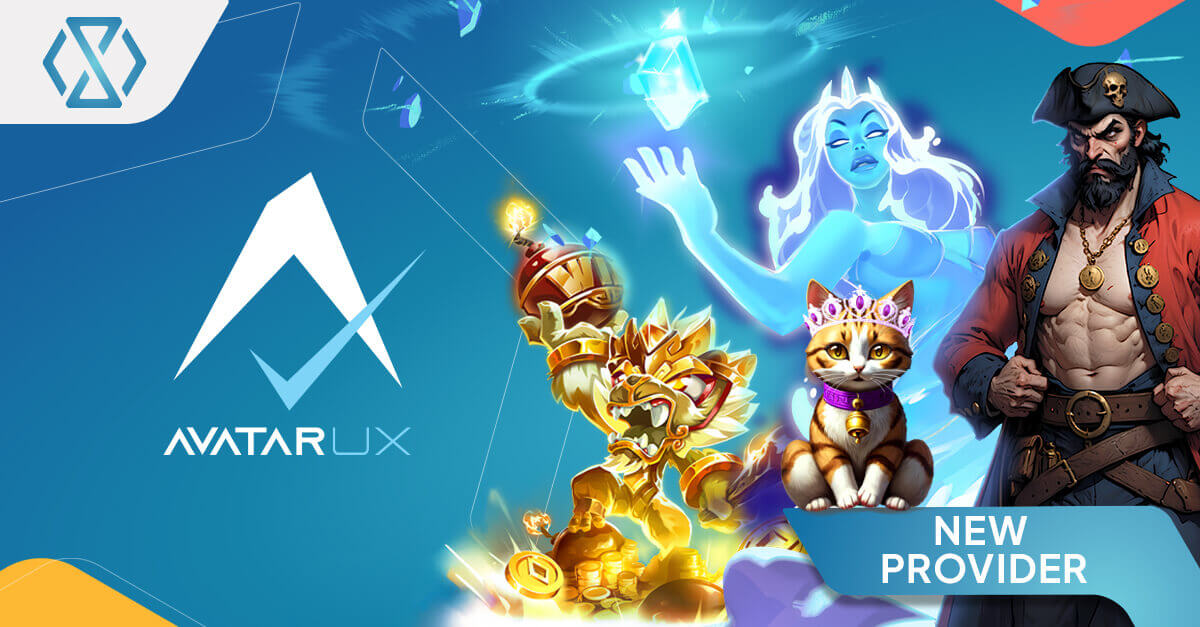 Banner showing AvatarUX characters and logo, introducing the studio as a new provider integrated into the Timeless Tech aggregator, featuring PopWins™ slot heroes and vibrant game artwork.