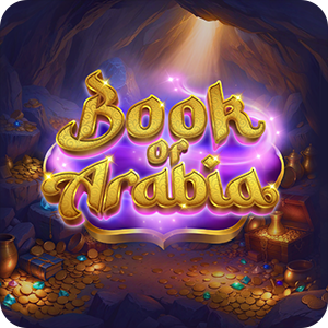 Ilustración del logotipo de la slot Book of Arabia, con letras doradas ornamentadas que brillan sobre una cueva repleta de tesoros — monedas, cofres y haces de luz mística — reflejando la interpretación de alta volatilidad de Wicked Games del clásico mecanismo “Book”.