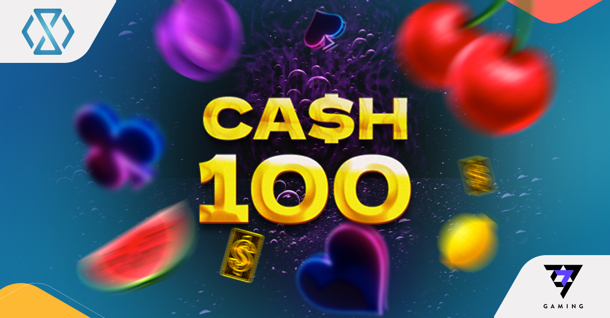 Screenshot of the Cash 100 slot game by 7777 gaming, showcasing vibrant neon lights, classic fruit symbols, and a sleek 5x4 reel layout