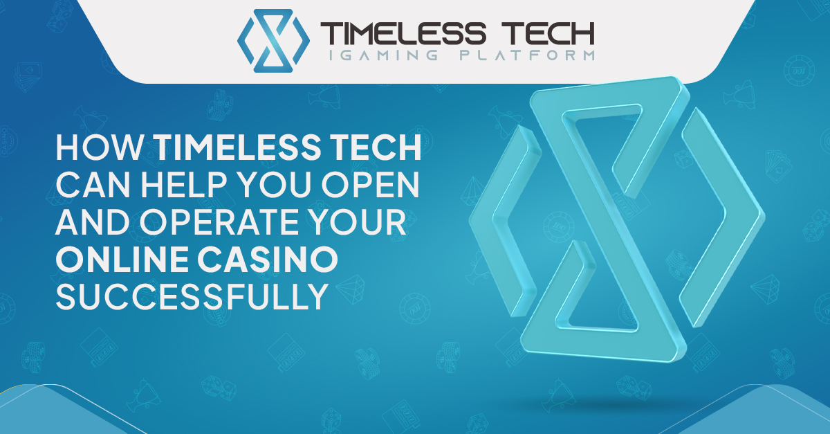 Banner de Timeless Tech con fondo azul, logotipo y el título: "Cómo Timeless Tech Puede Ayudarte a Abrir y Operar tu Casino en Línea con Éxito