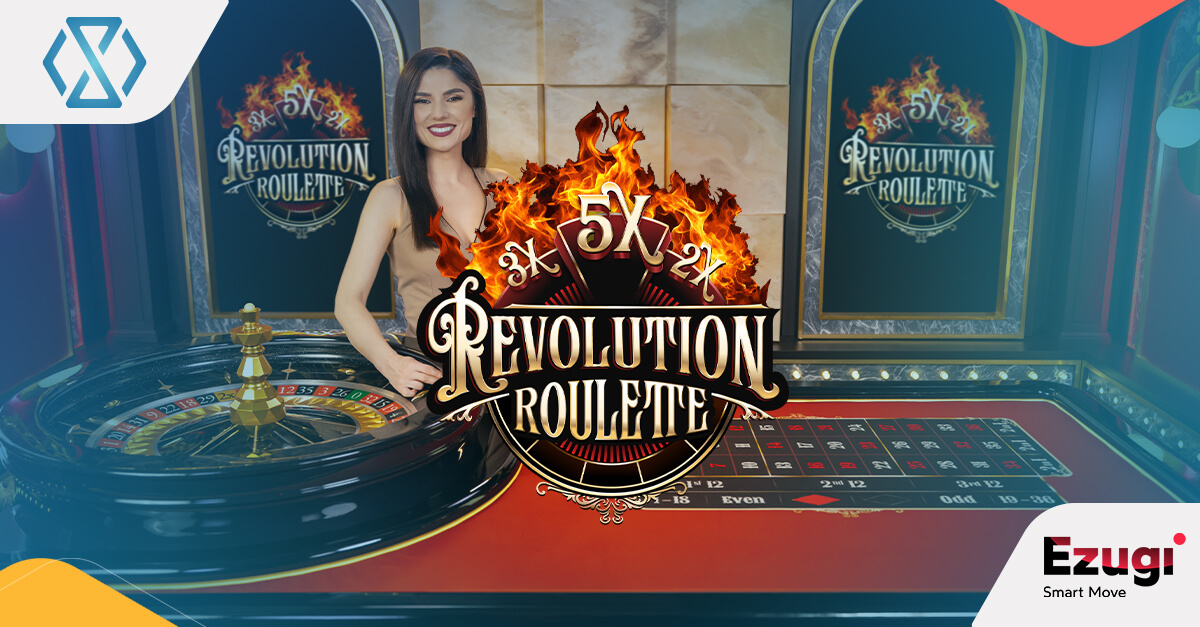 Banner destacado de Ezugi Revolution Roulette, mostrando sus funciones modernas y una experiencia inmersiva de casino en vivo.