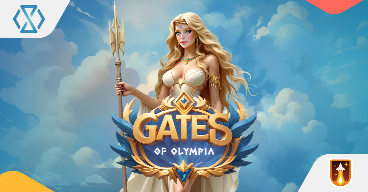 A majestic Olympia standing next to a 6x5 slot grid filled with glowing gemstones and golden Greek artifacts under a stormy Olympus sky.