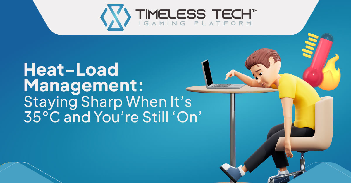 Heat-Load Management: Staying Sharp During Hot Business Events Overheated business professional at a laptop during 35°C summer heat, illustrating heat-load management for events and business travel.