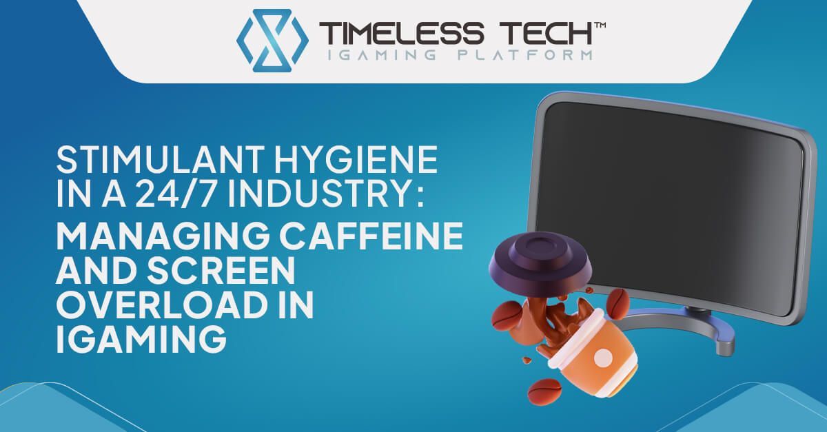 Ilustração 3D de uma xícara de café derramando grãos em frente a um monitor, representando a cafeína e a sobrecarga de telas na indústria de iGaming.