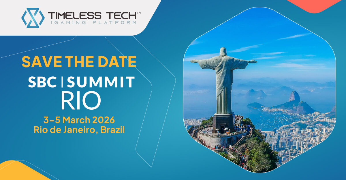 Banner “Save the Date” da Timeless Tech para o SBC Summit Rio 2026, com o Cristo Redentor dominando a vista do Rio de Janeiro, Brasil, e as datas do evento de 3 a 5 de março de 2026.