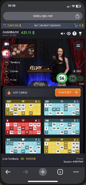 Screenshot of the Live Tombola bingo game on a smartphone, showing how the game adapts to mobile devices for seamless gameplay.