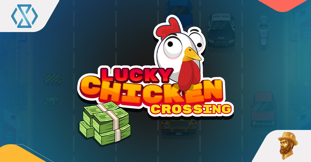Jogo arcade Lucky Chicken Crossing da JackTop, mostrando uma galinha animada atravessando uma estrada movimentada com obstáculos de tráfego e recompensas em dinheiro, em um jogo de apostas instantâneo estilo Frogger com multiplicadores.