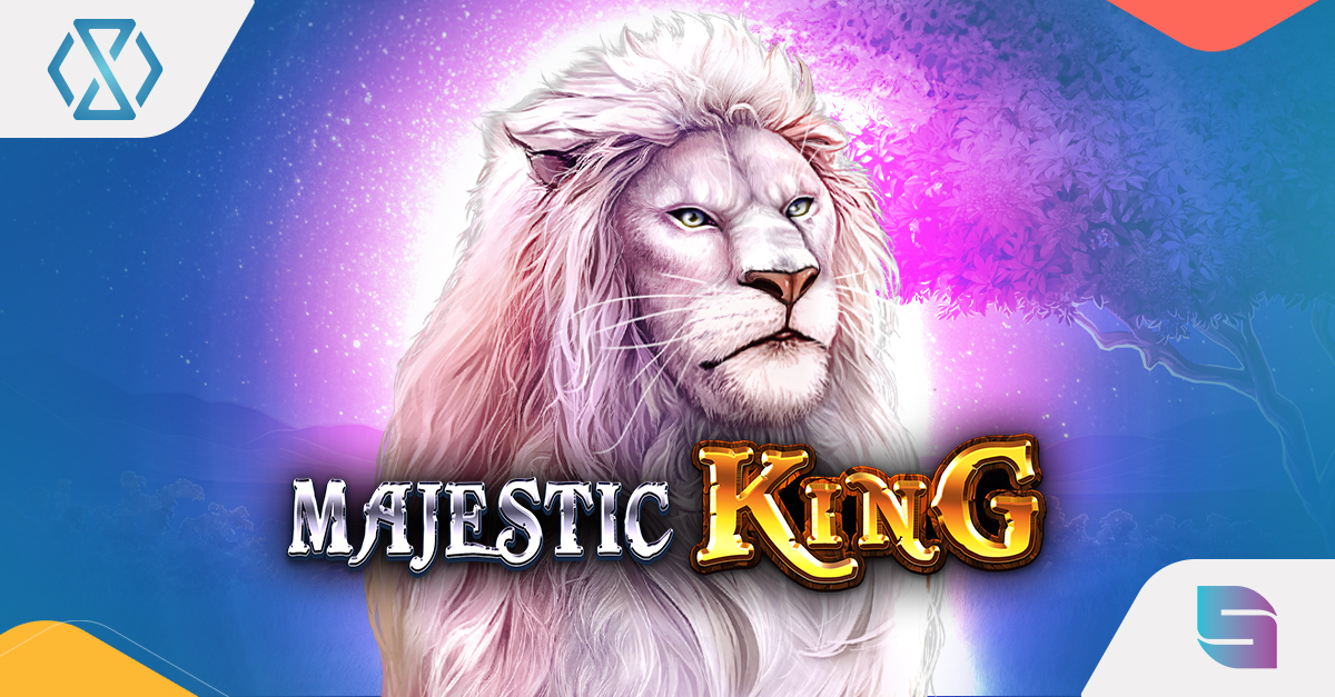 Banner image showcasing Majestic King slot game by Spinomenal, featuring the iconic lion in the African savanna setting.