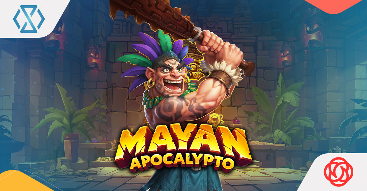Mayan Apocalypso: acción de cuadrícula de alta volatilidad y ganancias máximas de hasta 15.000x Una cuadrícula de slot vibrante y de alta fidelidad, ambientada frente a un templo maya, con discos solares brillantes, artefactos de jade y acentos volcánicos en tonos naranja.