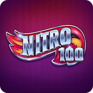 Logotipo de la slot Nitro 100, con un título de estilo cromado y un diseño de cola en llamas sobre un fondo degradado púrpura, que representa el gameplay de alta velocidad y alta volatilidad característico de Wicked Games.