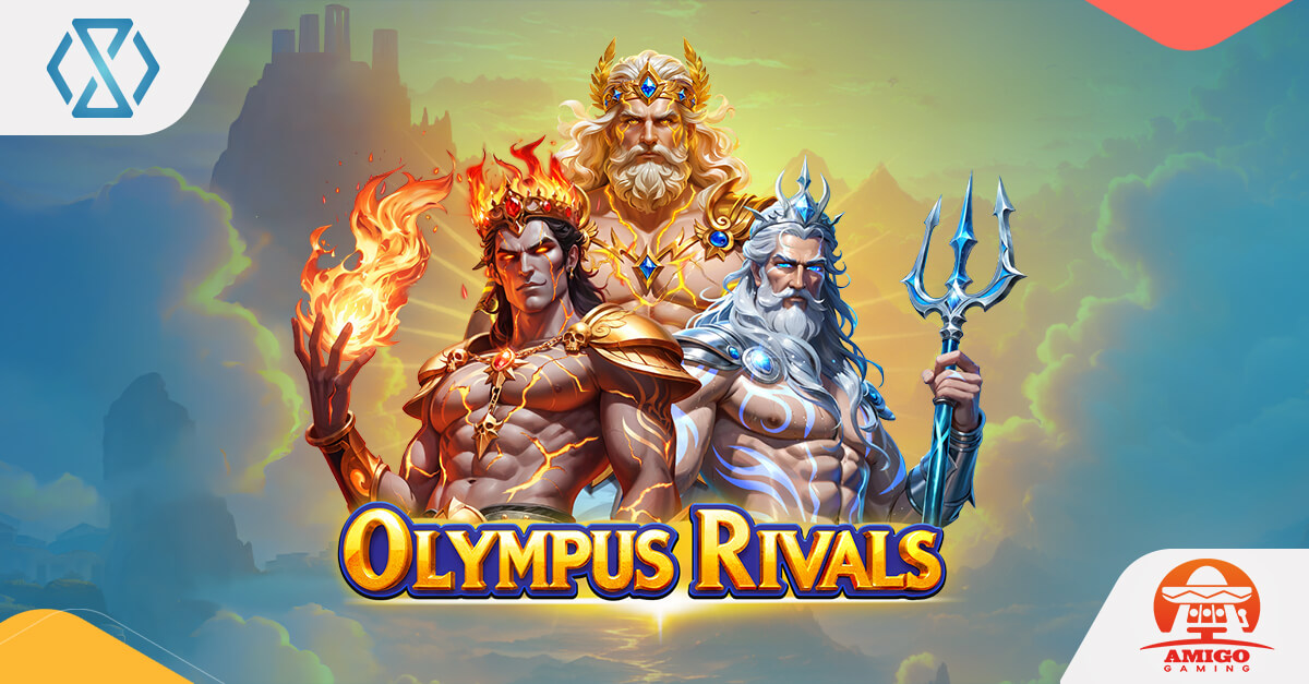 Olympus Rivals slot banner with Greek gods, 4×5 layout, and glowing reels