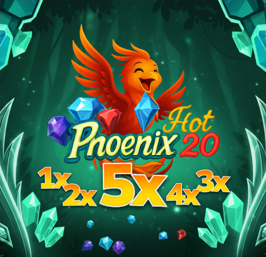 Arte del juego de slots Phoenix Hot 20 de Maracash Games, con un símbolo de fénix estilizado y multiplicadores basados en ruleta de 1x a 5x, que representan el título orientado a la volatilidad presentado dentro del portafolio del agregador de juegos de Timeless Tech.