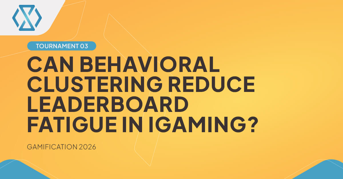 ¿Puede la segmentación conductual reducir la fatiga de las clasificaciones en iGaming? Banner amarillo y azul de gamificación de Timeless Tech titulado “¿Puede la segmentación conductual reducir la fatiga de las clasificaciones en iGaming?”, que introduce el Torneo 03 de la serie de artículos Gamification 2026.
