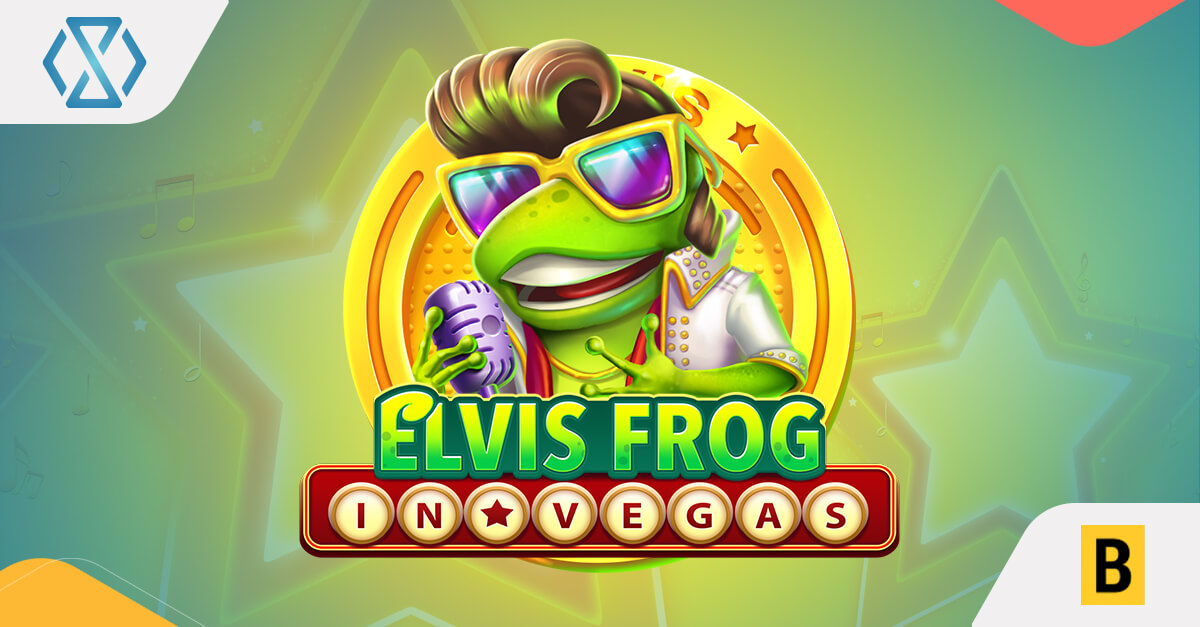 Banner colorido do slot Elvis Frog in Vegas com luzes de neon e um sapo caricatural vestido de Elvis