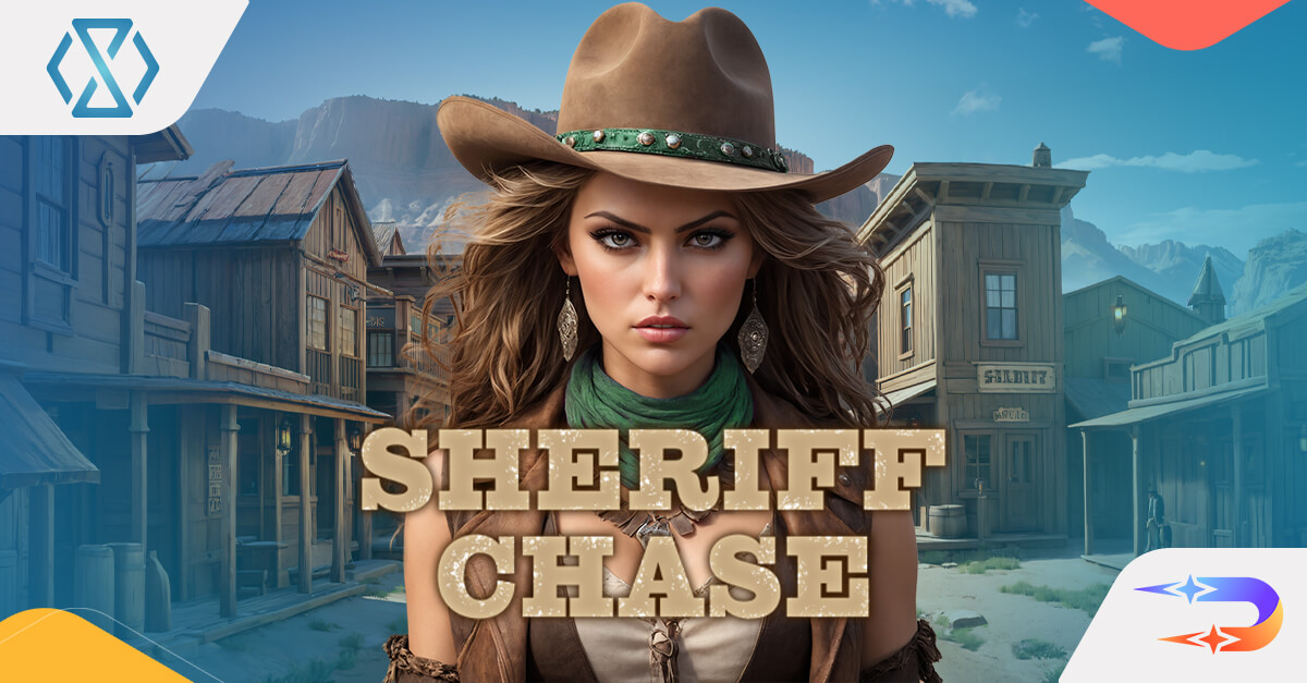 Sheriff Chase slot game banner featuring a fearless female sheriff, Wild West saloons, and action-packed gameplay.