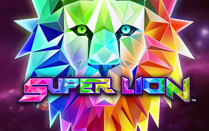 Galactic-themed slot game scene from Super Lion featuring neon colors and a lion symbol.