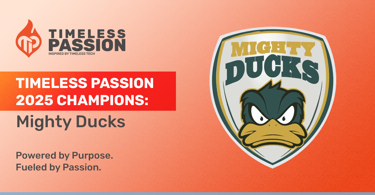 Banner announcing the Timeless Passion 2025 Champions, featuring the Mighty Ducks cricket team logo with the message “Powered by Purpose. Fueled by Passion.”