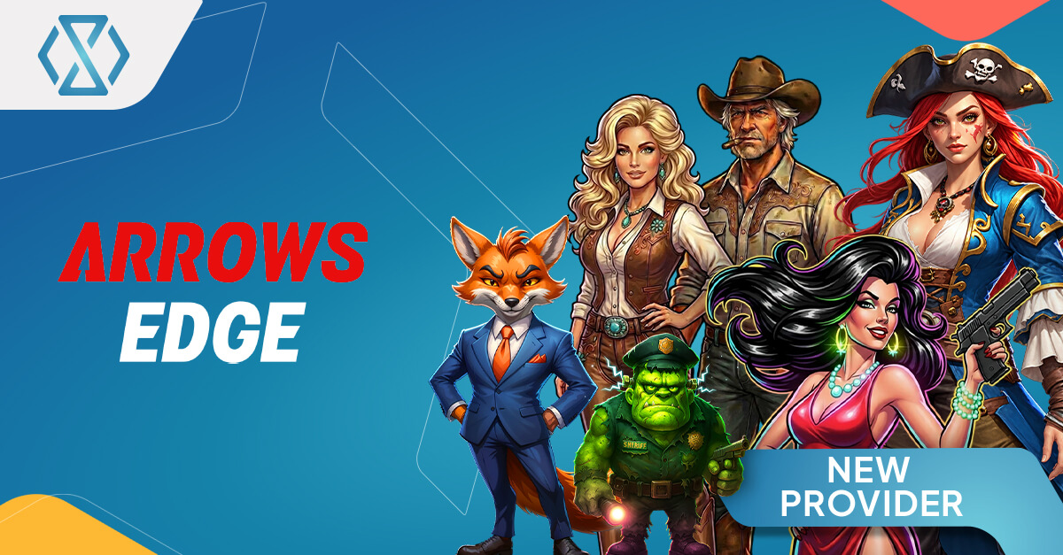 Timeless Tech announces Arrows Edge as a new game provider, featuring illustrated characters including a fox, cowboy, pirate, sheriff and casino-style heroine.