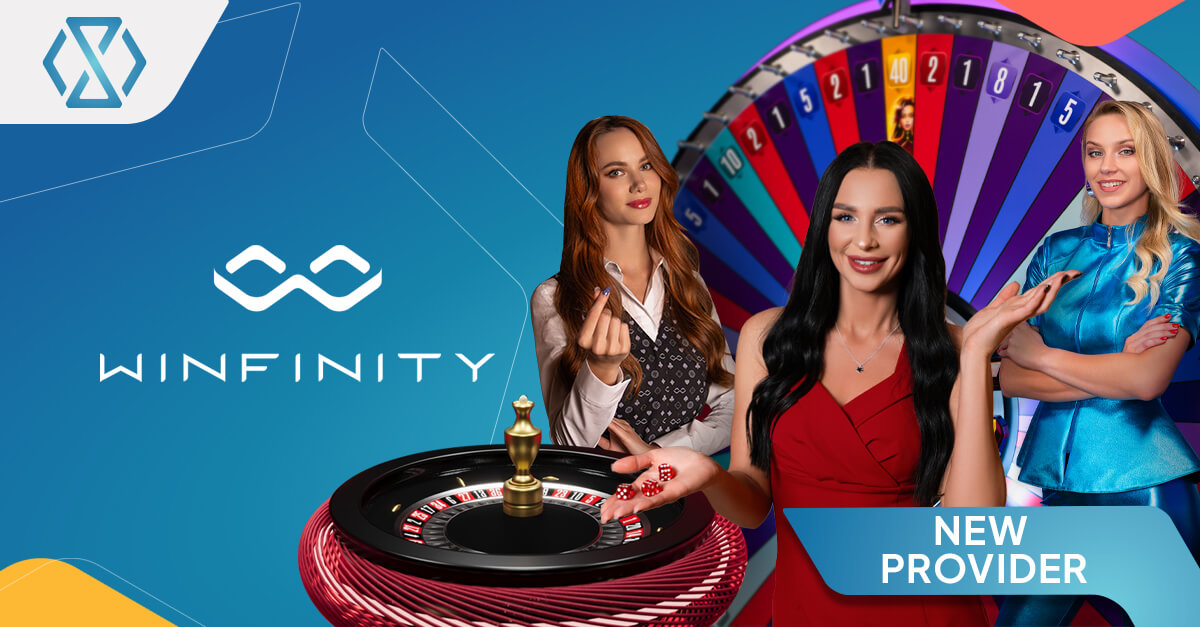 Banner promocional que apresenta os dealers de cassino ao vivo da Winfinity com uma roleta e um estúdio de jogo profissional, anunciando a Winfinity como novo fornecedor integrado ao Agregador de Jogos iGaming da Timeless Tech.