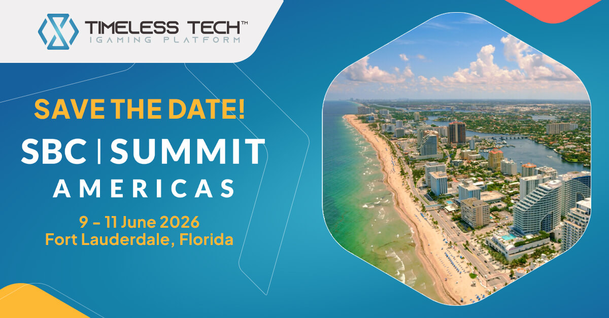 Timeless Tech Save the Date banner for SBC Summit Americas 2026, featuring the SBC Summit Americas logo and an aerial coastal view of Fort Lauderdale, Florida, with event dates 9 to 11 June 2026