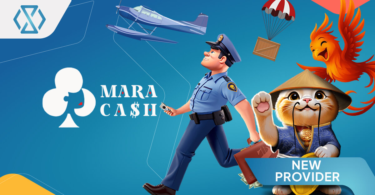 Banner ilustrado anunciando a Maracash Games como novo provedor no agregador de jogos iGaming da Timeless Tech, com personagens estilizados de cassino e jogos crash que representam conteúdo orientado ao engajamento e distribuição global.