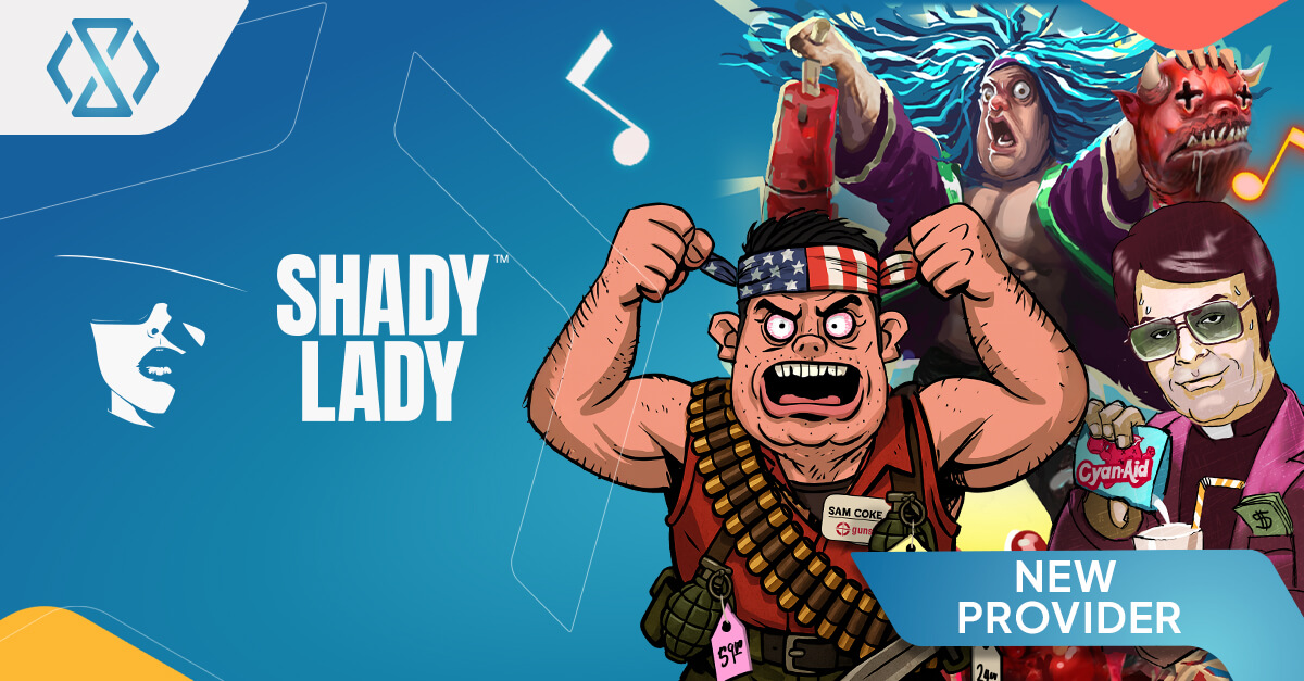 Um banner promocional mostrando Timeless Tech e Shady Lady juntos, destacando a parceria com visuais inspirados nos temas ousados e não convencionais dos jogos da Shady Lady.