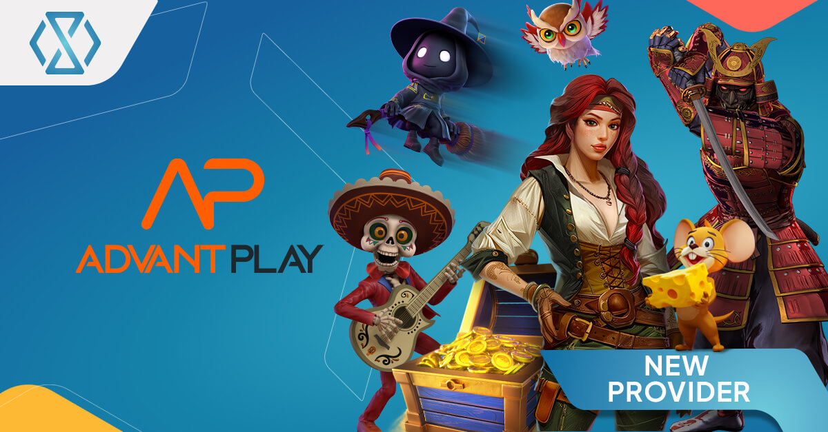 Banner promocional que anuncia a AdvantPlay como novo fornecedor no iGaming Game Aggregator da Timeless Tech, com personagens ilustrados de slots que incluem um guerreiro samurai, uma heroína de fantasia, um músico esqueleto, um mago, uma coruja e um baú do tesouro com moedas de ouro sobre um fundo azul.