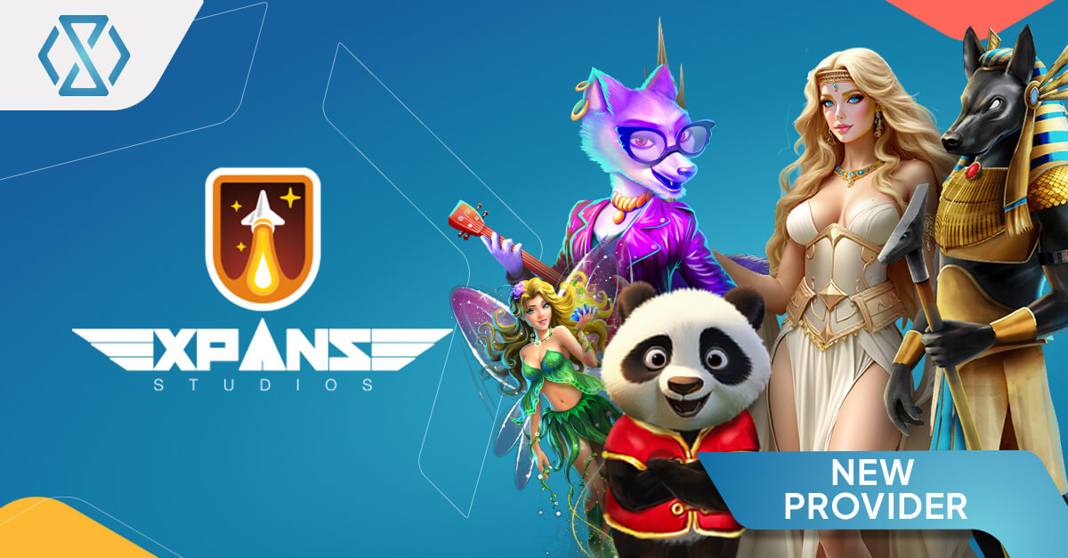 Banner de novo provedor da Expanse Studios com personagens de jogos ilustrados e identidade de marca