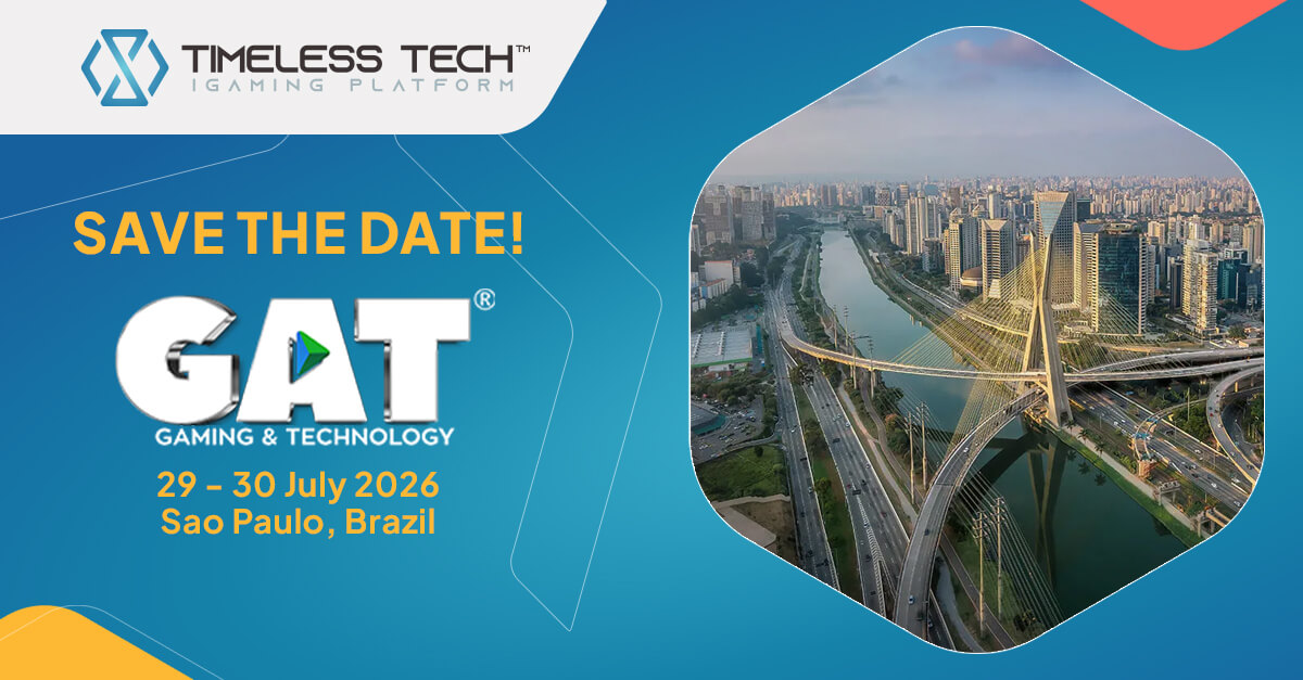 Banner interno da Timeless Tech anunciando sua participação na GAT Expo São Paulo 2026, conectando operadores a soluções de agregação iGaming, BetExchange e engajamento para o Brasil.