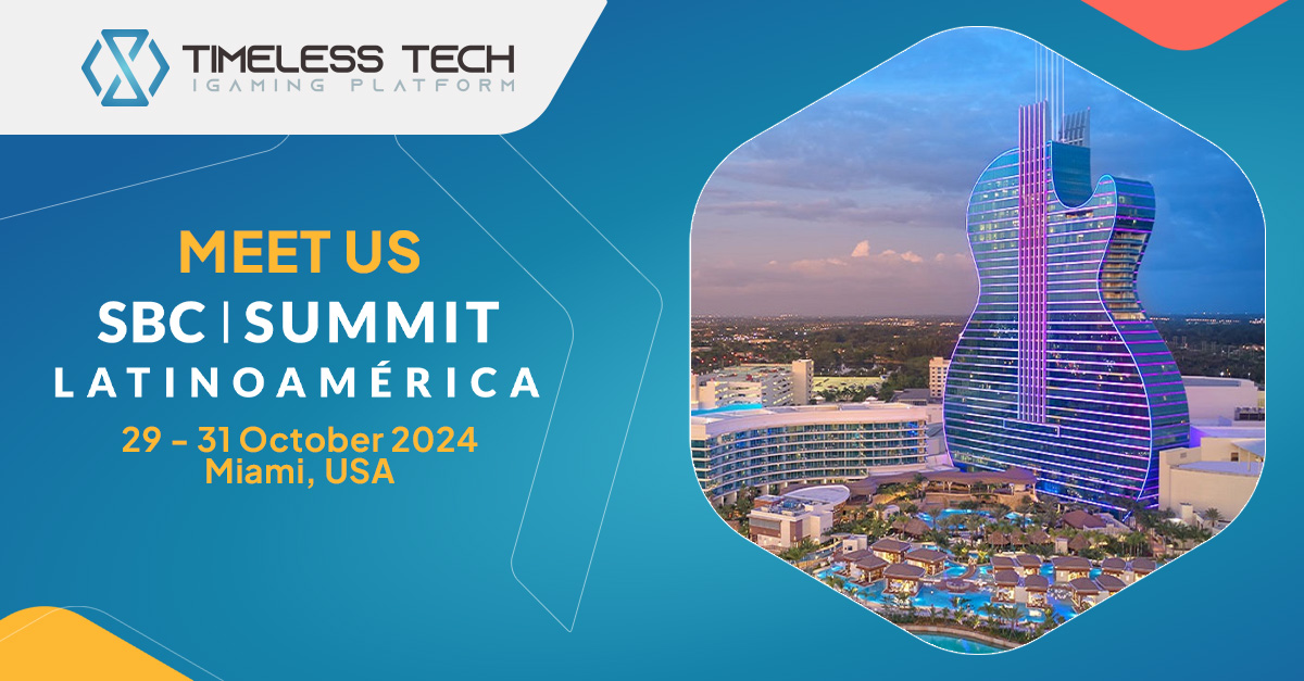 Timeless Tech asistirá al SBC Summit Latinoamérica 2024 en el Hard Rock Hotel de Miami, del 29 al 31 de octubre. Descubre innovaciones en iGaming y conéctate con líderes de la industria.
