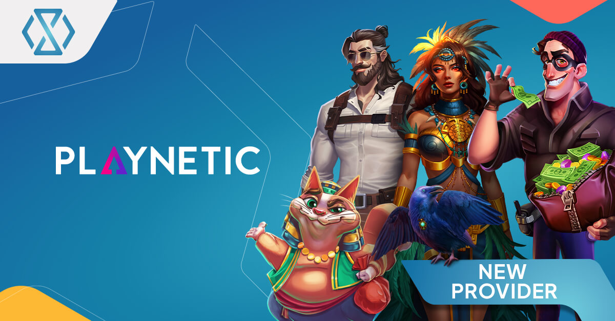 Banner de anúncio do novo provedor Playnetic com personagens estilizados de slots, incluindo um aventureiro, uma rainha egípcia, um vilão travesso, um gato da sorte e um corvo, junto ao logotipo da Playnetic sobre um fundo com gradiente azul.