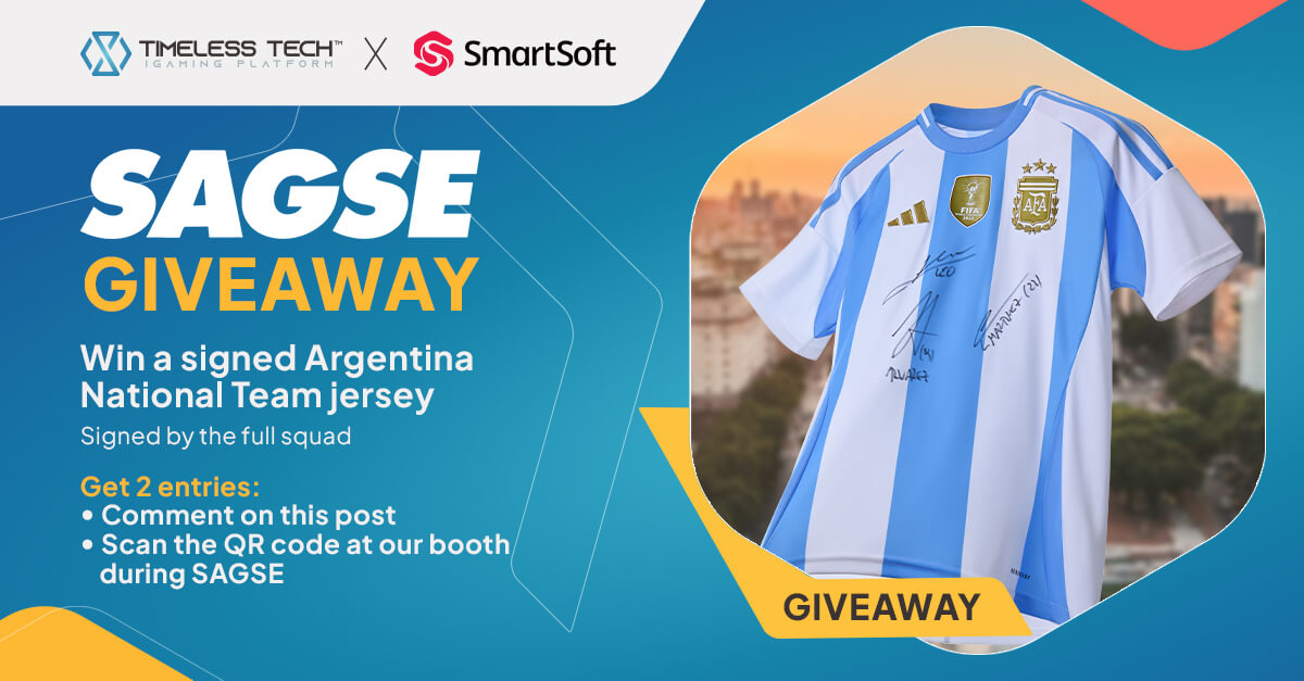 Banner promocional do sorteio na SAGSE, organizado por Timeless Tech e SmartSoft, mostrando uma camisa autografada da Seleção Argentina e instruções para comentar no LinkedIn e escanear um código QR no estande.