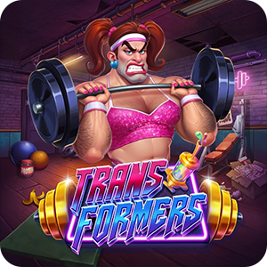 Ilustración de la slot Transformers, con un personaje caricaturesco y musculoso levantando una pesada barra en un gimnasio caótico, acompañado de tipografía neón rosa y elementos de entrenamiento que resaltan el diseño humorístico y de alta volatilidad de Wicked Games.