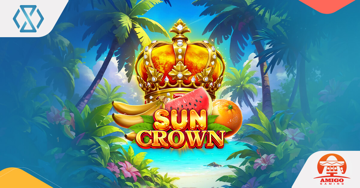 Banner for Sun Crown game review by Amigo Gaming, featuring vibrant imagery and key insights about the game's mechanics, symbols, and player experiences
