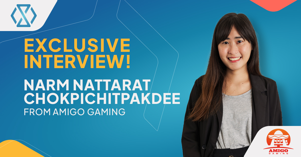 Banner image featuring Narm, Amigo Gaming’s Key Account Manager, smiling with a background of gaming graphics. Text reads: "Narm: Bridging Cultures and Markets in iGaming with Amigo Gaming