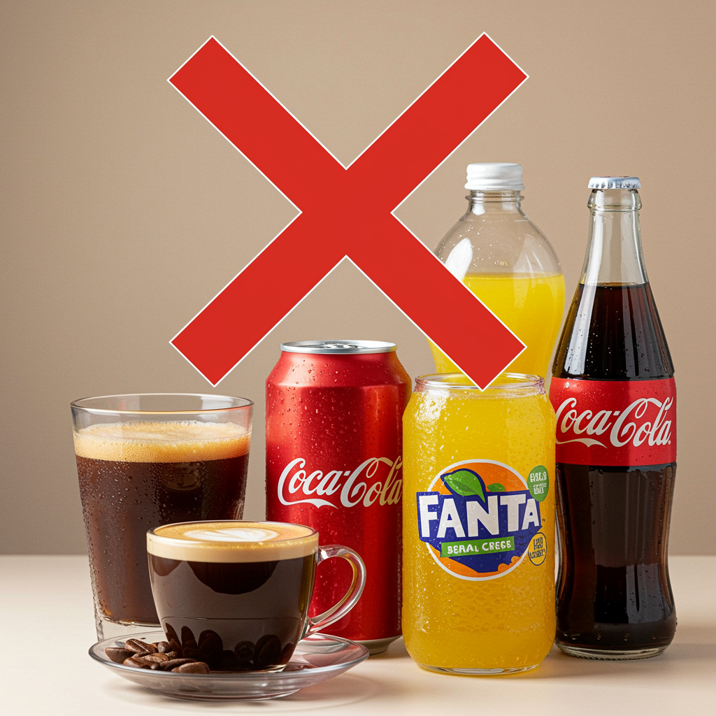 Choose wisely: Avoid dehydrating drinks  Sugary sodas and coffee with a red cross over them, warning against drinks that contribute to dehydration