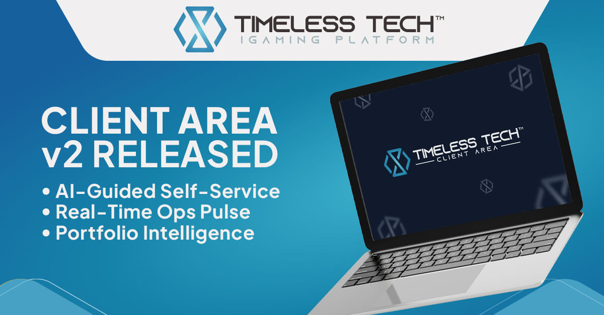Promotional banner for Timeless Tech Client Area v2 showing a laptop display and feature highlights including AI-guided self-service, real-time ops pulse and portfolio intelligence, reflecting a connected workspace for iGaming operations and team coordination.