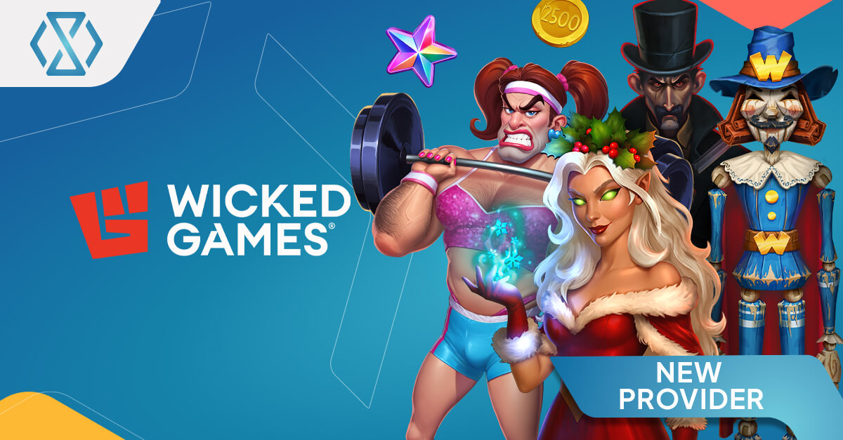 Banner con personajes de Wicked Games — incluyendo un levantador de pesas musculoso, una hechicera de temática navideña, un mago siniestro y un autómata de madera — junto al logotipo de Wicked Games y la etiqueta “Nuevo Proveedor”, anunciando la integración del estudio al Game Aggregator de Timeless Tech.